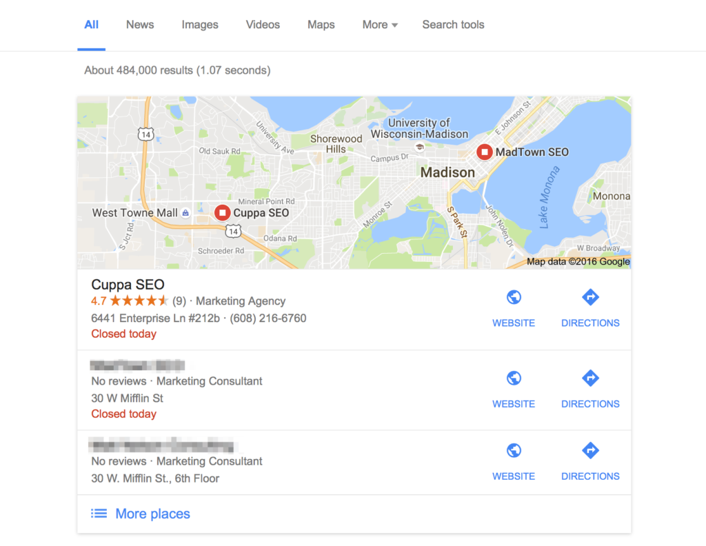 Google My Business Results Cuppa SEO Web Design Madison